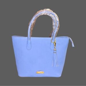 Joy&Iman fashionably functional pop tote in blue saffiano leather New